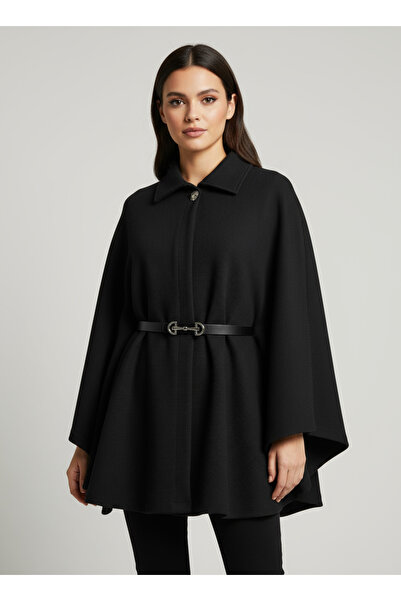 Şiir Oron Women's Belt Detailed Ottoman Cape & Poncho - Black