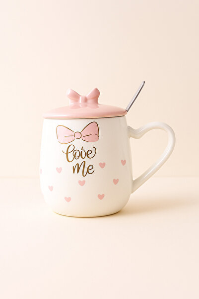 esdekor Giftpoint Porselen Kupa Bardak Mug 420 ml 1 Adet Metal Kaşıklı Kapakl...