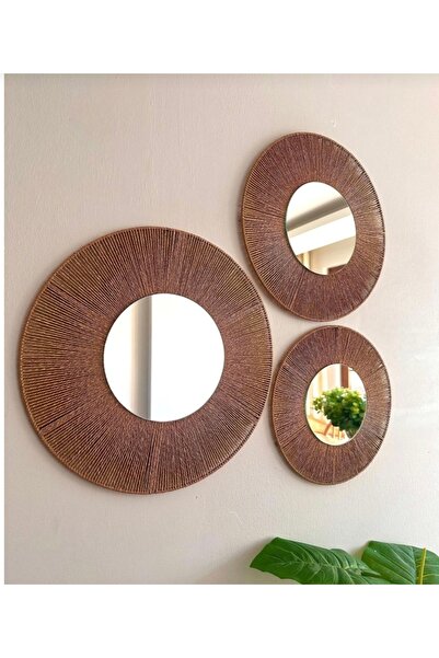Matheryal Dekoratif Duvar Aynası 3’lü Set Salon Antre Bohem Yuvarlak Hasır Gö...