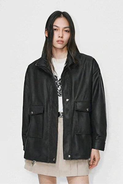 Saade Kadın Relax Fit Dik Yaka Çıtçıtlı Fermuarlı Cepli Suni Deri Bomber Ceke...