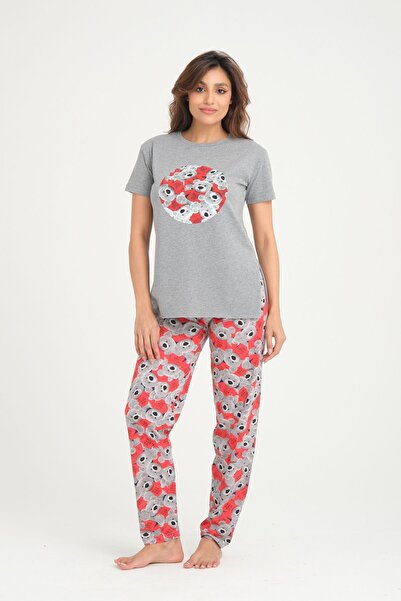 ESPİNA Gray Teddy Bear Printed Cotton T-shirt-Pants Knitted Pajama Set
