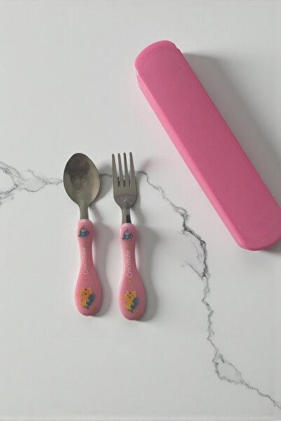 Dore Voir طقم شوكة وملعقة للأطفال في علبة/وردي
