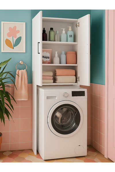 dorpek Çok Amaçlı Çamaşır Makinesi Dolabı 3 Raflı Kapaklı Banyo Dolabı Beyaz | Ternos