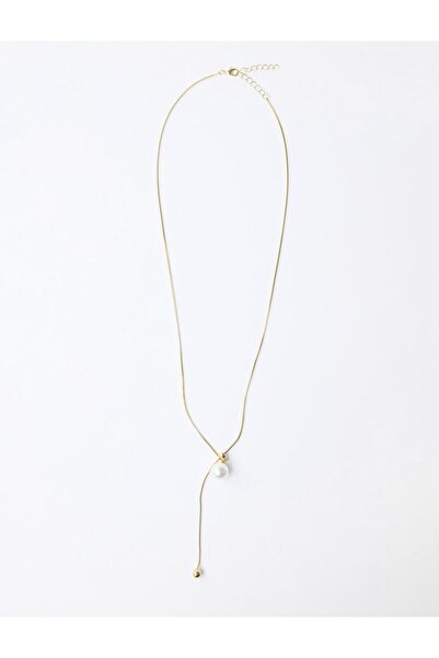 Jimmy Key Altın Rengi İnci Detaylı Metal Top Figürlü Ayarlanabilir Kolye