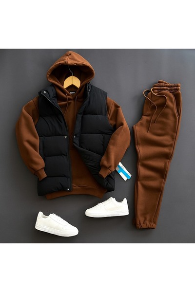THEGENTMAN Padded Puffer Vest and Three Thread Compact Crew Neck Cotton Inside Oversize Tracksuit Set 3-Piece Set