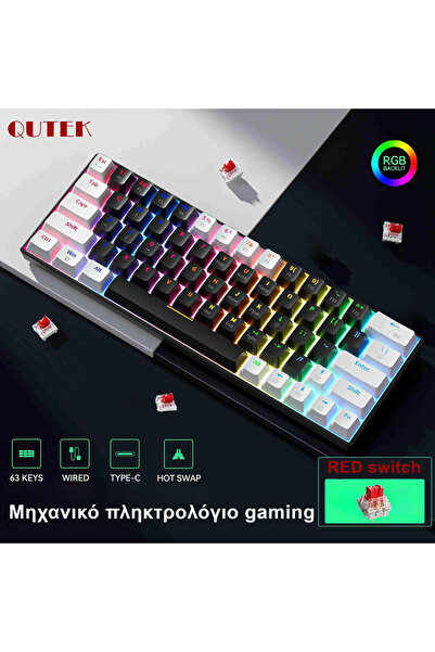 QuTek Μηχανικό πληκτρολόγιο Qutek για παιχνίδια, 60%, φώτα LED, 63 πλήκτρα, με καλώδιο Type-C, κόκκινο διακόπτη, φορητό