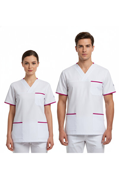 temex BEYAZ HEMŞİRE DOKTOR FORMASI PEMBE BİYELİ UNİSEX TEK ÜST İŞCİ KIYAFETİ ...