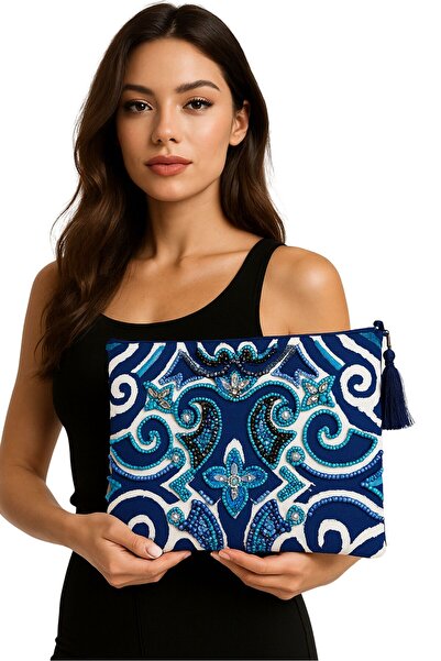 Uretti - Sümeyya 2589 5245 Ручної роботи синя сумочка-клатч з етнічним візерунком та бісерною вишивкою