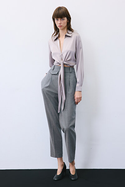 rue Tie-Up Silk Crop Gray Shirt Blouse