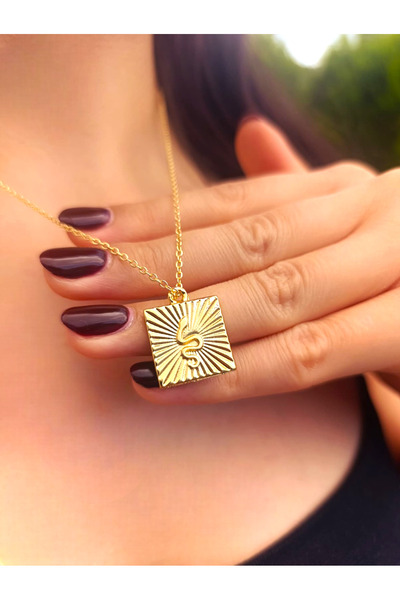 BeyzHal Gold Colored Snake Figured Square Necklace – Modern Design Women's Je...