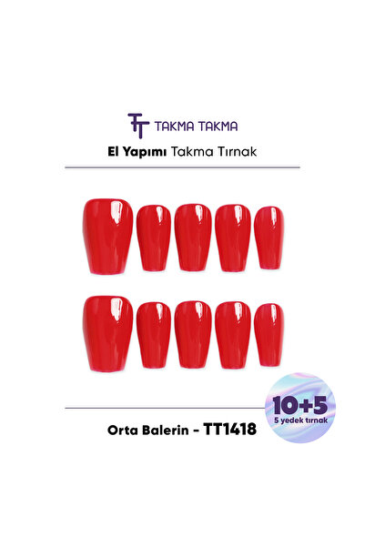 Takma Takma Takma Tırnak Nail Art Kırmızı L Beden Orta Balerin 15'li El Yapım...