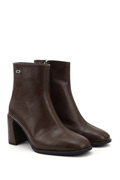 GÖNDERİ(R) Γυναικείες μπότες με χοντρό τακούνι με φερμουάρ σε καφέ χρώμα