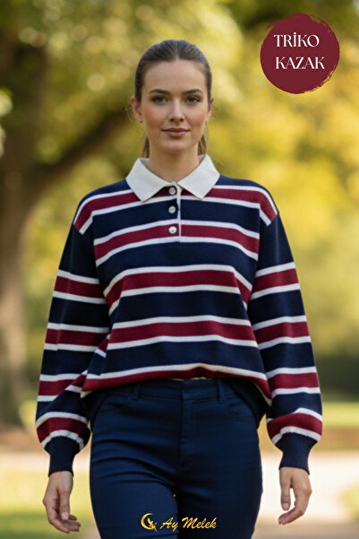 AYMELEK Women's Knitwear Sweater Polo Neck Striped Short Transitional Sweater