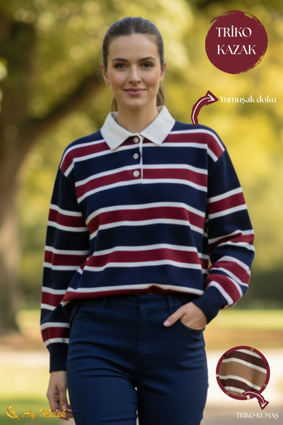 AYMELEK Women's Knitwear Sweater Polo Neck Striped Short Transitional Sweater