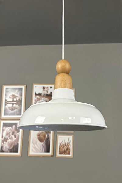 Bamyum Veluna Beyaz Tekli Kalın Ahşap Boncuk Başlık Avize Retro Sarkıt Showroom Salon Mutfak Avizeleri