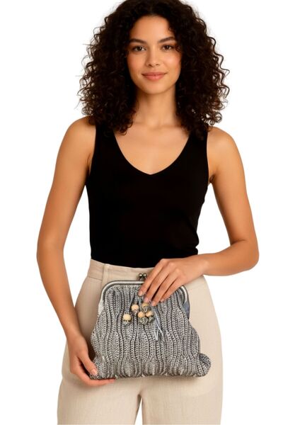 Uretti - Meryem 7194 El Örgüsü Makrome İp Gizli Burslu Çanta - Bej