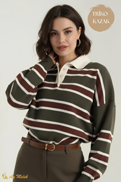 AYMELEK Women's Knitwear Sweater Polo Neck Striped Short Transitional Sweater