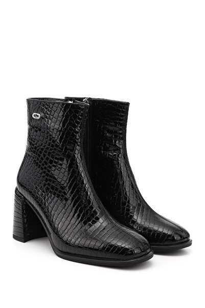 GÖNDERİ(R) Kadın Siyah Krako Fermuarlı Küt Burunlu Kalın Topuklu Bot
