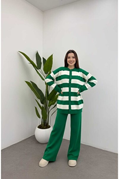 TOFİX textile Knitwear Bottom Top Set Pants and Cardigan Buttoned Striped Model