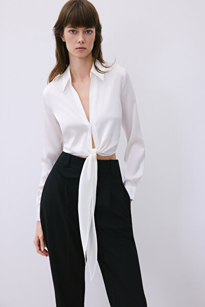 rue Tie-Up Silk Crop Ecru Shirt Blouse