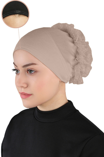 Ecardin Topuzlu Bandana Tesettür Bone Güpürlü - St 610 Koyu Vizon