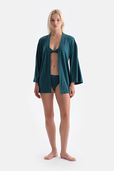 Dagi Dark Green Basic Dressing Gown with Tie and Sleeve Ribbon Lace Detail