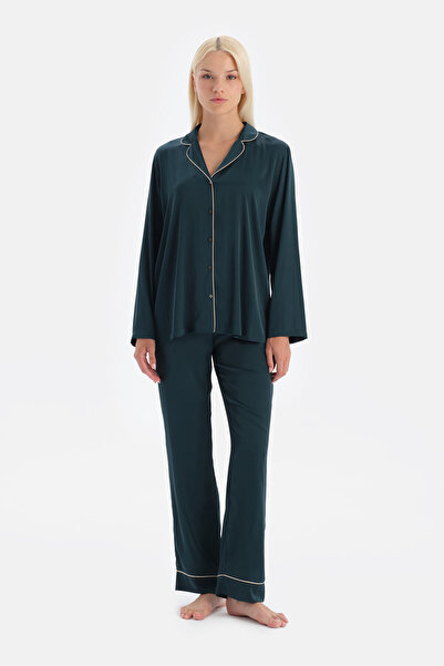 Dagi Dark Green Satin Trousers with Piping Detail