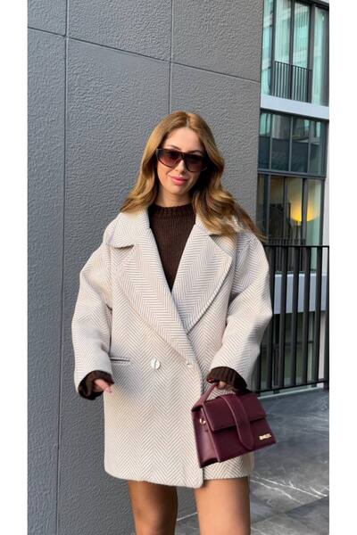 MATTİMODA Kadın Balık Sırtı Oversize Bej Kısa Kaban