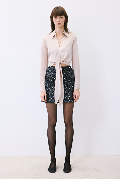 rue Tie-Up Silk Crop Stone Color Shirt Blouse