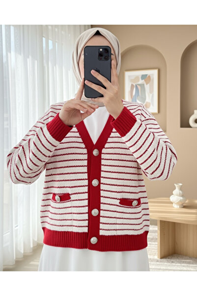 Modamorfo Карманна деталізована тонко смугаста трикотажна кофта - фуксія