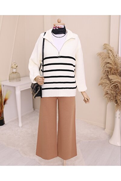 Modamorfo Светло-бежевый свитер с боковыми полосками и полузастежкой-молнией