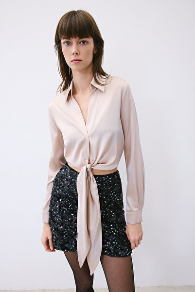 rue Tie-Up Silk Crop Stone Color Shirt Blouse