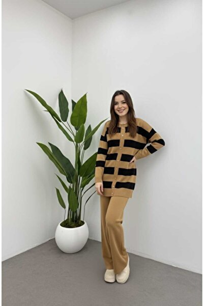 TOFİX textile Knitted Top and Bottom Set with Buttoned Striped Trousers and Cardigan