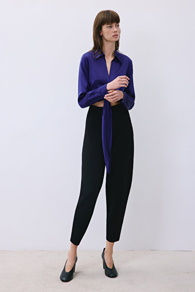 rue Tie-Up Silk Crop Navy Blue Shirt Blouse