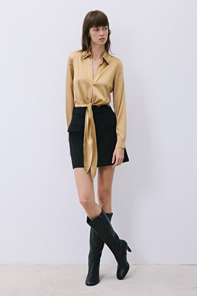 rue Tie-Up Silk Crop Gold Shirt Blouse