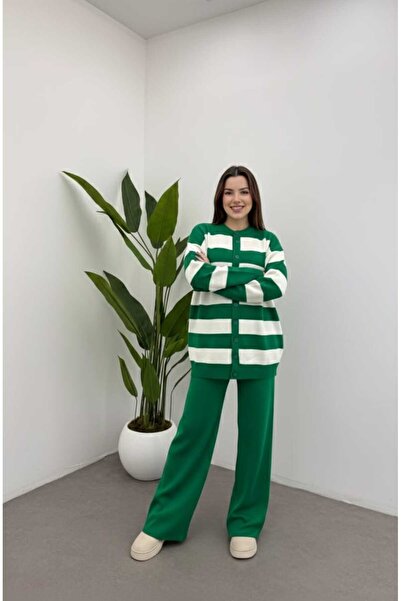 TOFİX textile Knitwear Bottom Top Set Pants and Cardigan Buttoned Striped Model