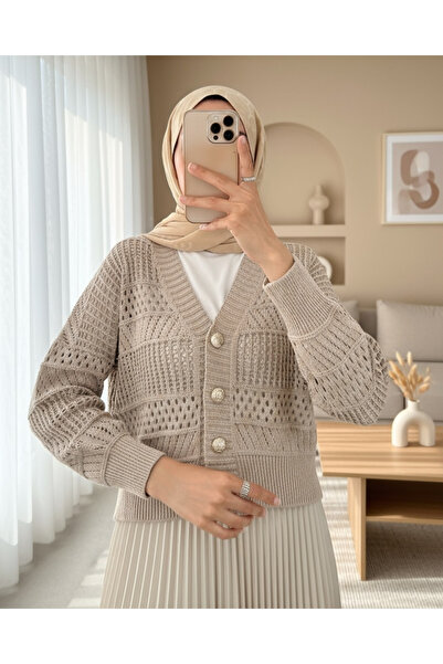 Modamorfo Ajurlu Düğmeli Triko Hırka -Vizon