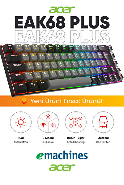 ACER eMachines EAK68 PLUS Kablosuz Bluetooth + 2.4Ghz Mekanik Klavye RGB Red 68 Tuşlu Oyuncu Klavyesi Gri