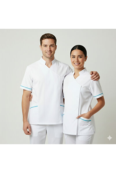 temex Medikal Üniforma Likrasız Doktor Hemşire Tek Üst Beyaz scrubs Biyeli Dü...