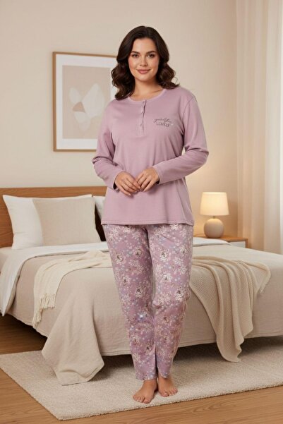 PİJAPİA Women's Plus Size Long Sleeve Pink Pajamas Set