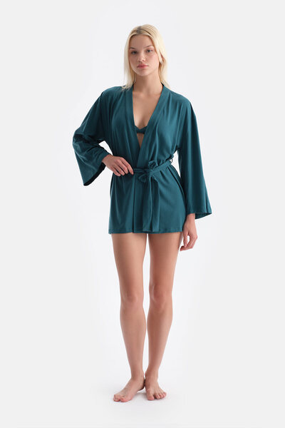 Dagi Dark Green Basic Dressing Gown with Tie and Sleeve Ribbon Lace Detail