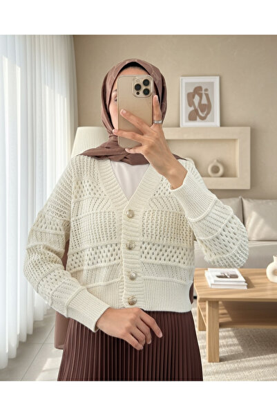 Modamorfo Πλεκτή Ζακέτα με Διάτρητα Κουμπιά - Κρεμ