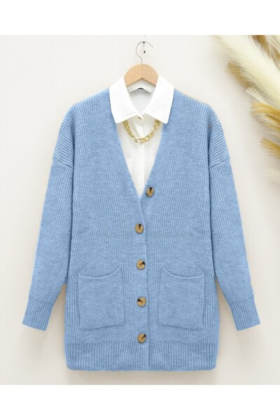 Modamorfo Çift Cepli Yumoş Örgü Hırka -Mavi