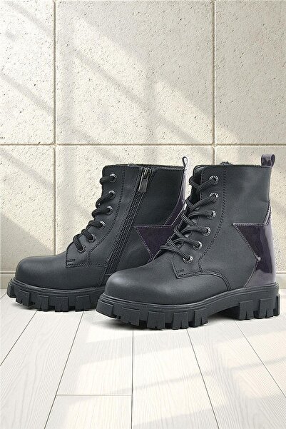 Rakerplus Black Genuine Leather Platinum Star Detailed Girls' Boots