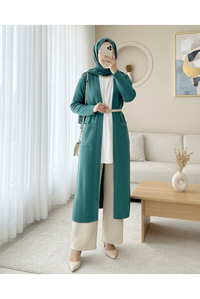 Modamorfo Slit Long Knitwear Cardigan with Pockets -Mint