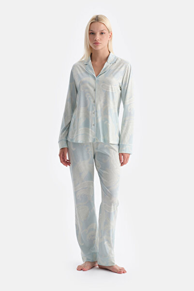 Dagi Water Green Shawl Patterned Shirt Pants Set