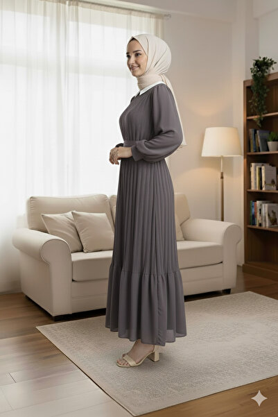 Sura Fashion Pleated Balloon Sleeve Chiffon Dress