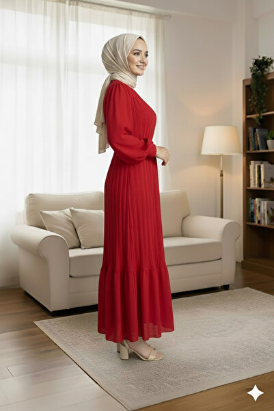 Sura Fashion Pleated Balloon Sleeve Chiffon Dress