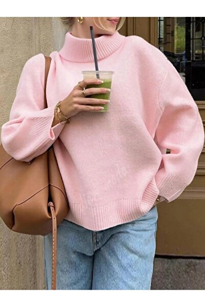 Dier Moda Γυναικείο πλεκτό πουλόβερ με ροζ ζιβάγκο oversized , πλεκτό πουλόβερ Fmoda1969