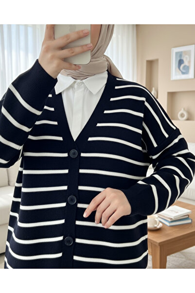 Modamorfo Striped Buttoned V-Neck Knit Cardigan - Navy